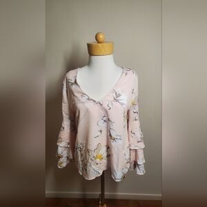J.O.A. Pink Floral V-Neck Blouse with Ruffle Sleeves